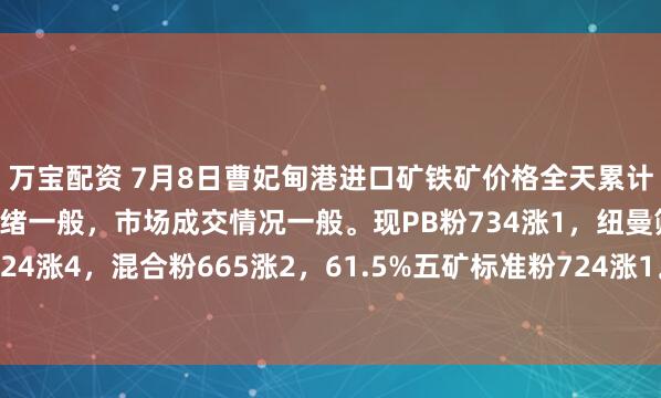 万宝配资 7月8日曹妃甸港进口矿铁矿价格全天累计上涨1-4，市场交投情绪一般，市场成交情况一般。现PB粉734涨1，纽曼筛后块888平，卡粉824涨4，混合粉665涨2，61.5%五矿标准粉724涨1。（对比前一工作日晚间价格；单位：元/湿吨）